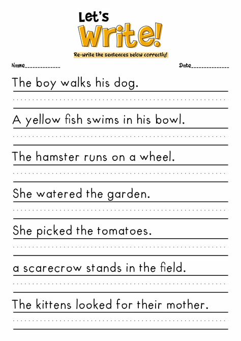 Handwriting Practice For Grade 1, Grade 2 Sentence Writing, 1st Grade Worksheets Writing, Kindergarten Handwriting Worksheets, Writing For Kindergarten Worksheets, Writing Practice 1st Grade, Sentence Worksheets Kindergarten, Write Sentences Worksheets, Writing Sheets For 1st Grade