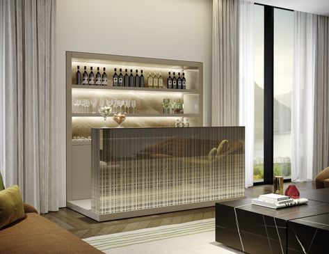 AVANTGARDE BAR - Reflex Angelo Bar In Living Room, Glass Bar Table, Minimal Bar, Lacquered Glass, Home Cinema Seating, Bar Unit, Smoked Mirror, Walnut Doors, Glass Cabinets Display