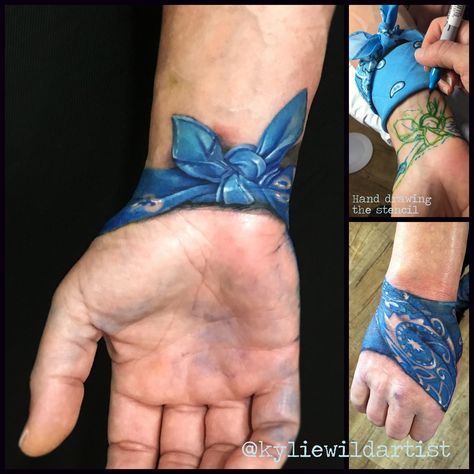 Realistic blue bandana wrist tattoo, hand drawn by Kylie Wild Heslop Artist www.artgonewild.com.au Bandana Rose Tattoo, Bandana Tattoo Design, Bandana Clothing, Bandana Tattoo, Hand Tattoo Images, Hand Tatto, Feminist Tattoo, Vw Vanagon, Hand Tattoos For Girls