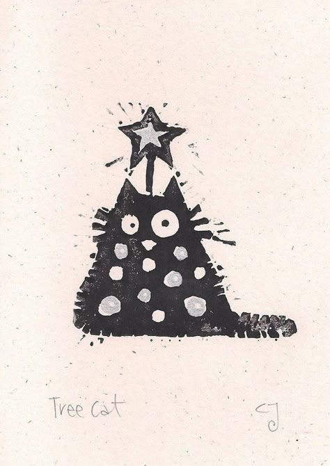 Print Christmas Card, Linoleum Print, Linocut Printmaking, Lino Art, Lino Cuts, Tree Cat, Lino Printing, Lino Prints, Linocut Art