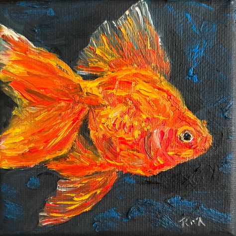 This mini oil painting features a charming orange goldfish set against a black background. The vibrant shades of orange bring the goldfish to life, creating a simple yet striking piece. Perfect for adding a touch of color and elegance to any small space, this humble artwork is sure to bring a smile to your face. Medium: Oil on Canvas Size: 10x10x1.8cm (4"x4") All of my artworks are original oil paintings and are signed by me. I draw inspiration for each piece from daily life or something that de 10x10 Canvas Painting, Painting Of Fish, Gold Fish Painting, Goldfish Painting, Art Mini Toile, Goldfish Art, Mini Toile, Simple Oil Painting, Mini Oil Painting