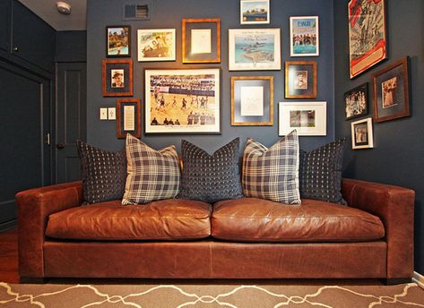 Roundup: 10 Bedrooms that Actually Incorporate Sports Memorabilia and Decor with Style » Curbly | DIY Design & Decor Man Cave Inspiration, Home Office Decor For Women, Brown Leather Couch, Man Cave Basement, Home Pub, Man Cave Home Bar, Man Room, Cosy Home, Leather Couch