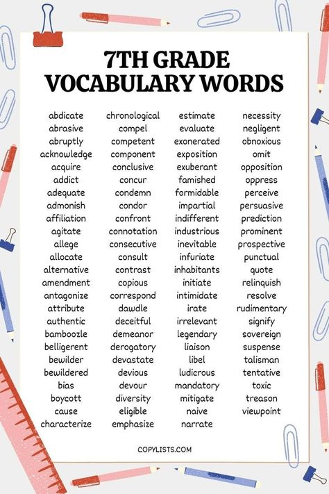 a list of 7th grade vocabulary words surrounded by cartoon ruler, pens, paper clips and other school supplies. 7th Grade Reading List, 7th Grade Spelling Words, Spelling Bee Word List, 7th Grade Writing, 7th Grade Tips, Spelling Bee Words, 7th Grade Reading, Makeup Acne, Spelling Words List