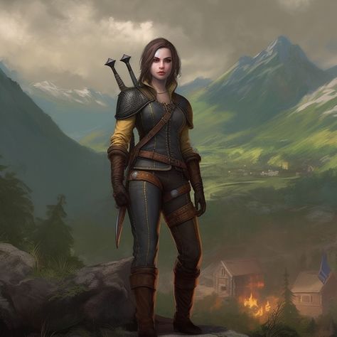 Background mountain, highly detailed, high resolution, female witcher, brown hair, witcher style, yellow eye, full body, leather armor Female Witcher Character Design, Witcher Character Design, Female Witcher, Background Mountain, Fantasy Fighter, Witcher Art, Warrior Women, Heroic Fantasy, Leather Armor