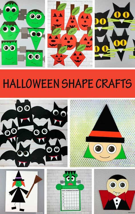 Shape Witches Preschool, Shape Halloween Crafts, Halloween Shapes Activities, Vampire Crafts Preschool, Halloween Craft For Kindergartners, Shape Crafts For Preschoolers, Math Crafts For Kids, Vampire Craft, Kindergarten Halloween Crafts