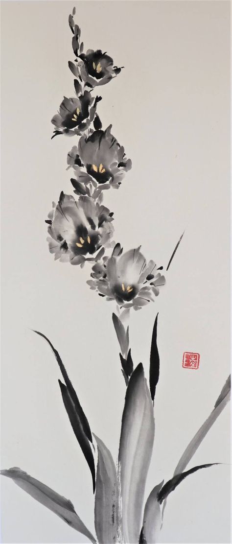 Chinese Ink Painting Flower, Chinese Brush Painting Flowers, Black Flower Painting, Gladiola Painting, Chinese Art Style, Chinese Art Traditional, Chinese Ink Art, Ink Aesthetic, Black Ink Painting