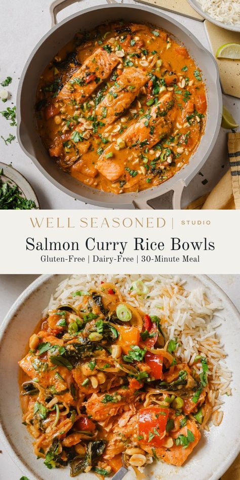 Salmon With Jasmine Rice, Healthy Curry Sauce, Salmon Curry Bowl, Salmon Coconut Curry, Salmon And Rice Recipes, Curry Salmon, Thai Red Curry Paste, Curry With Coconut Milk, Salmon Curry