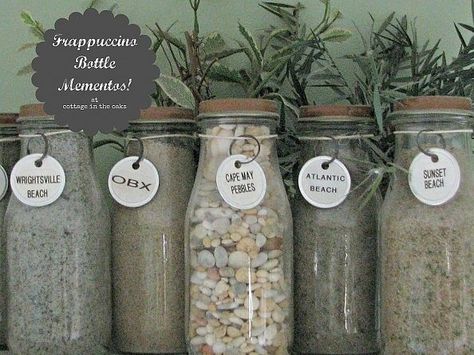 Transform Starbuck’s Frappuccino Bottles into Storage Jars. | Community Post: 19 Insanely Clever Organizing Hacks Coffee Pantry, Starbucks Frappuccino Bottles, Armoire Repurpose, Starbucks Bottles, Frappuccino Bottles, Vintage Milk Bottles, French Armoire, Sand Collection, Clever Organizer