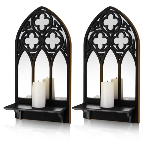 PRICES MAY VARY. GOTHIC CANDLE SCONCE: Our wall sconce candle holder features window shape and gothic style design. It measures 11.7 x 5.9 inches, which features lightweight and durable, easy to install. Add an eye-catching look to any space with this window shape pair of wall sconce candle holders. PREMIUM MATERIAL: Our wooden wall candle holders are made of 100% premium wood and covered with elegant black paint, with strong corrosion resistance. The wall candle holders have exquisite appearanc Gothic Hallway Decor, Goth Entryway Ideas, Gothic Wall Decor Ideas, Soft Goth Decor, Vampire Living Room, Cathedral Wall Decor, Gothic Home Office, Vintage Goth Decor, Southern Gothic Decor