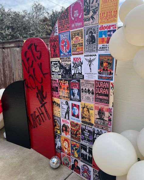 Rock And Roll Theme Photo Booth, Rock N Roll Party Aesthetic, Bon Jovi Themed Party, Rock Band Party Decorations, 60th Rock And Roll Party, 80s Rock Decorations, Trunk Or Treat Rock And Roll, Rock And Roll Party Backdrop, 80s Rock Themed Party