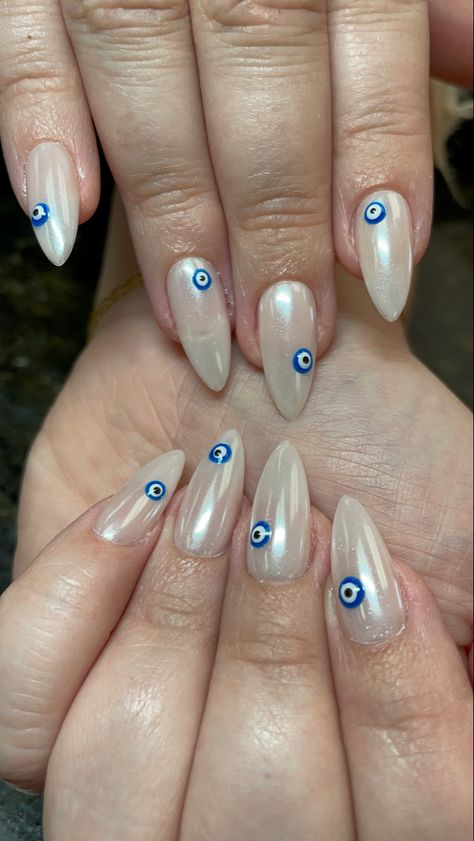 Chrome Nails With Evil Eye, Evil Eye Chrome Nails, Chrome Evil Eye Nails, Devils Eye Nails, Red Evil Eye Nails, Chrome Nails With Gems, Blue Eye Nails, Blue Evil Eye Nails, Turkish Eye Nails