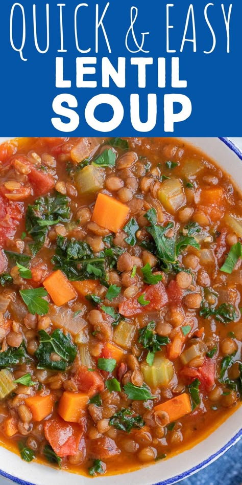 This Quick and Easy Vegetarian Lentil Soup recipe is made using canned lentils, which cuts down on the cooking time so much! This soup is still hearty and flavorful but it is ready in half the time. This plant based soup recipe is a protein packed one pot meal that can be prepped ahead of time and is freezer friendly. Enjoy with lunch or dinner and serve with bread. #lentilsoup #quickandeasy #souprecipe #vegetarian #plantbased Healthy Vegetable Lentil Soup, Easy Lentil Stew, Lentil Italian Soup, Lentil Soup With Canned Lentils, Easy Lentil Soup Crockpot, Low Cal Lentil Soup, Recipes With Canned Lentils, Can Lentil Recipes, Lentil Crockpot Soup