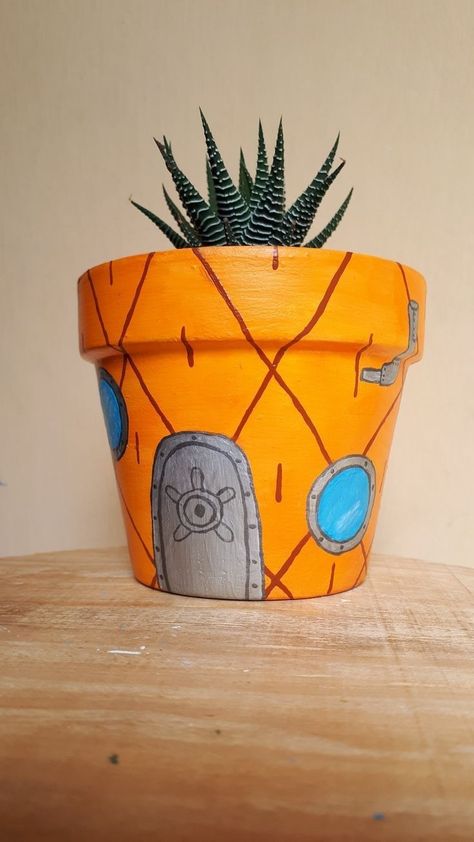 Painting Pot Plants Ideas, Planting Pot Painting Ideas, Paint Ideas For Plant Pots, Trippy Painted Pots, Spongebob Pot Painting, Planter Pots Painting Ideas, Diy Paint Planter Pot, Spongebob Plant Pot, Painted Pot Ideas Easy Diy