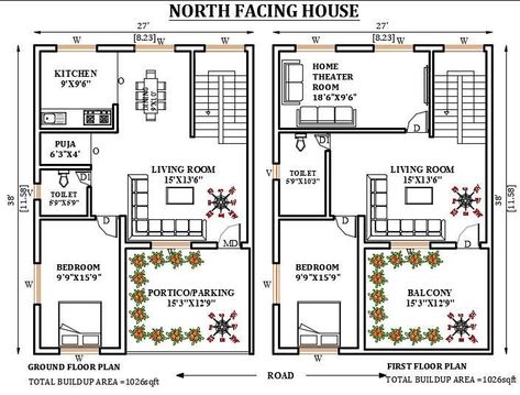 27’x38’ north facing house plan is given in this 2D Autocad drawing file. The total built up area of the plan is 1026sqft. North Facing House Plan, 2d Autocad Drawing, Drawing House Plans, South Facing House, West Facing House, North Facing House, 20x40 House Plans, 30x40 House Plans, Duplex Floor Plans