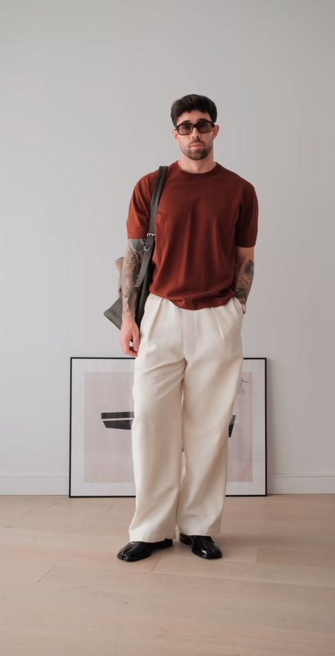 Men’s Pleated Pants Outfit, Beige Shirt Outfit Men, Cream Pants Outfit Men, Brown Shirt Outfit Men, White Shirt And Brown Pants, Beige Pants Outfit Men, Beige Outfit Men, Brown Pants Outfit Men, Green Pants Outfit Men