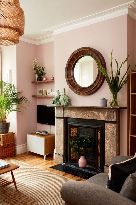 Guy & Lois, Dinsmore Rd Pink Fireplace Wall, Original Fireplace Ideas, Pale Pink Living Room Walls, Dusky Pink Living Room, Pale Pink Living Room, Dusty Pink Living Room, Light Pink Living Room, Pastel Pink Living Room, Pink Sitting Room