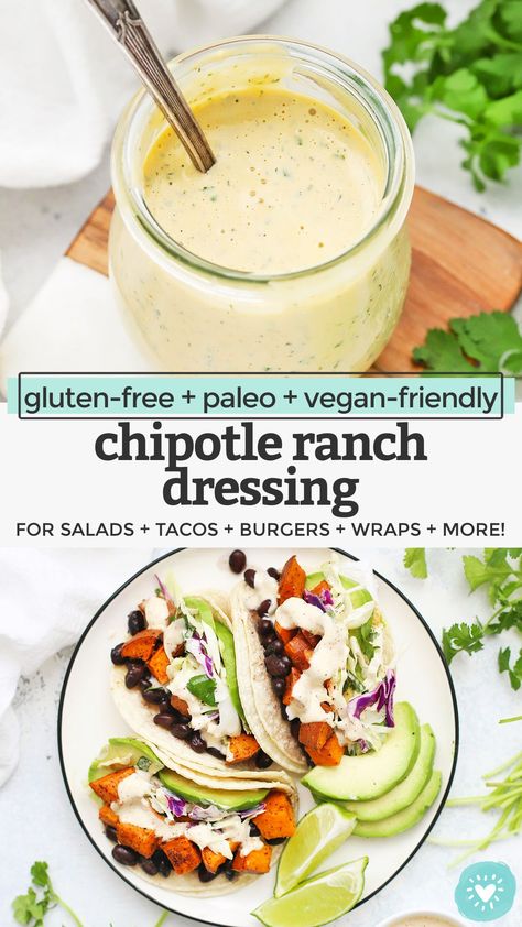 Chipotle Ranch Dressing or Dip - This smoky, slightly spicy ranch dressing is a delicious way to add some kick to your meals. Don't miss our big list of ways to use it! (Dairy-Free, Gluten-Free, Paleo + Vegan Friendly) // Dairy-Free Chipotle Ranch // Vegan Chipotle Ranch // Paleo Chipotle Ranch #ranch #paleo #vegan #dip Dairy Free Chipotle Ranch, Vegan Chipotle Ranch, Dairy Free Tacos, Spicy Ranch Dressing, Dairy Free Dressing, Spicy Dressing, Homemade Salad Dressing Healthy, Spicy Ranch, Chipotle Ranch Dressing