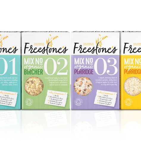 Slice Design has created the brand identity and packaging graphics for Freestone's launch product range, which includes two mueslis and two porridges. Cereal Packaging, Organic Cereal, Rice Packaging, Cereal Brands, Organic Packaging, Baking Packaging, Baby Products Packaging, Packaging Design Trends, Packaged Snacks