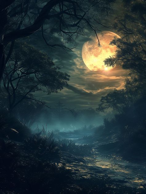 Moon Images Beautiful, Light In The Dark Aesthetic, Forest In The Night, Enchanted Forest Art, Moonlight Forest, Meandering Path, Ethereal Forest, Forest Digital Art, Eye Makeup Guide