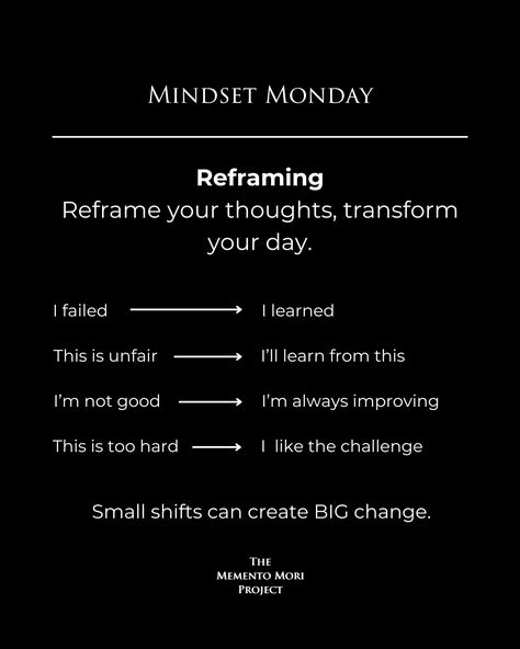 🧠Mindset Monday  Learning to reframe your thoughts is a skill necessary to grow your emotional intelligence. Turning a negative thought into a positive one will forever change the way you see the world. Turning Negative Thoughts Into Positive, Negative Vs Positive Thoughts, Reframe Thoughts, Reframing Negative Thoughts, Automatic Negative Thoughts, Reframe Negative Thoughts, Mindset Monday, Vision Board Pics, Productivity Tips