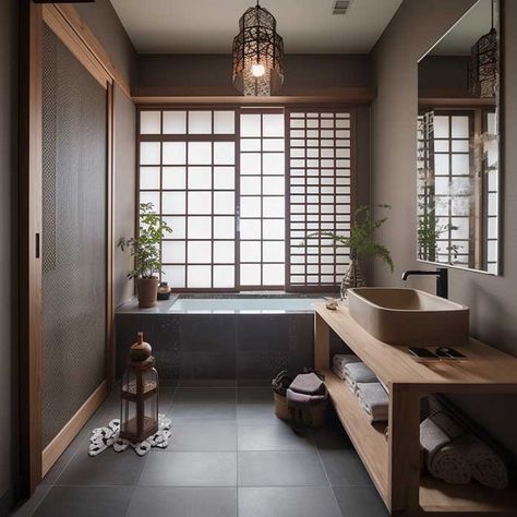 Japanese Houses Interior, Chinese Bathroom Traditional, Asian Inspired Bathroom Zen, Japanese Mansion Traditional Interior, Onsen Inspired Bathroom, Traditional Japanese Bathroom Design, Japanese Style Bathroom Small, Japan Style Bathroom, Dark Japanese Interior