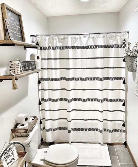 Farmhouse Bathroom Makeover (6 Easy Steps) - Chaylor & Mads Billie Razor, Farmhouse Bathroom Makeover, Black Bathroom Decor, Farmhouse Shower Curtain, Guest Bathroom Decor, Boho Bathroom Decor, Farmhouse Shower, Bathroom Farmhouse Style, Restroom Decor