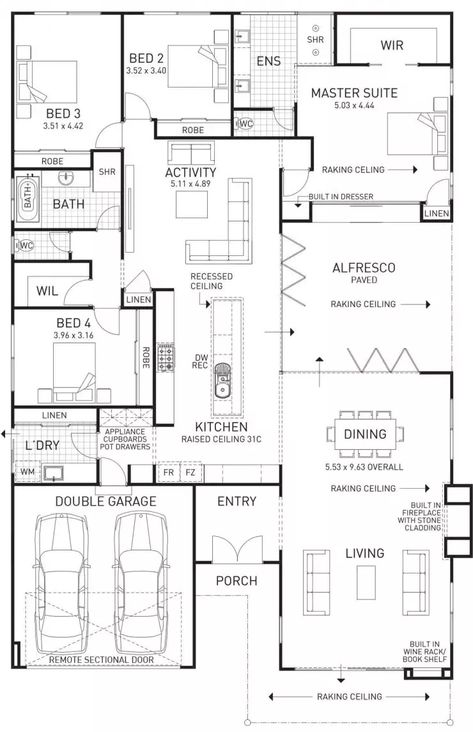 Pool House Plans, 4 Bedroom House Plans, Home Design Floor Plans, House Layout Plans, Cottage House, Kitchen Plans, House Floor, Bedroom House, Bedroom House Plans