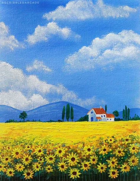 Sunflower Painting Landscape, Tuscany Paintings Landscapes, Simple Flower Field Painting, Painting Of A Field, Acrylic Field Painting, Sunflower Field Acrylic Painting, Easy Painting Nature, Sunflower Field Painting Easy, Acrylic Painting Flower Field