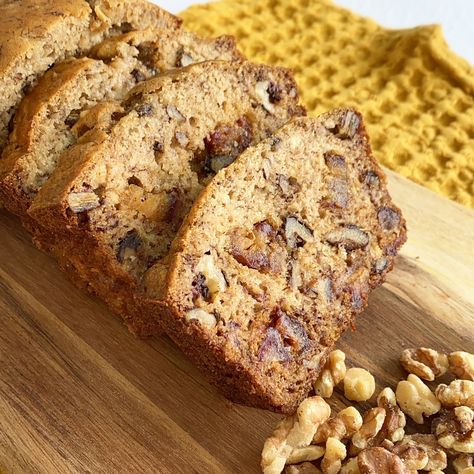 Date, Walnut & Pecan Banana Bread | Chef Jen Banana Bread Pecan, Banana Date Nut Bread, Banana Walnut Bread Healthy, Banana Date Walnut Bread, Pecan Banana Bread, Date And Walnut Loaf, Date Bread, Banana Pecan Bread, Pecan Bread