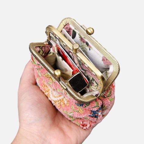 With a nod to the Victorian era, MCW’s freshly combines the classic and elegant design of the traditional carpet bag with a textural and tactile twist.The main body of coin purse is made with rich chenille carpet, cotton floral canvas, and brass clasp with double kiss lock.There are pockets for ID and cards on both side of middle panel, which makes this coin purse very functional and easy to organize your ID, cards, money and coins. This Victorian Carpet Coin Purse is going to be your daily comp Handmade Travel Bag, Victorian Carpet, Leather Weekender, Card Pouch, Carpet Bag, Floral Canvas, Travel Duffel, Pretty Bags, Change Purse