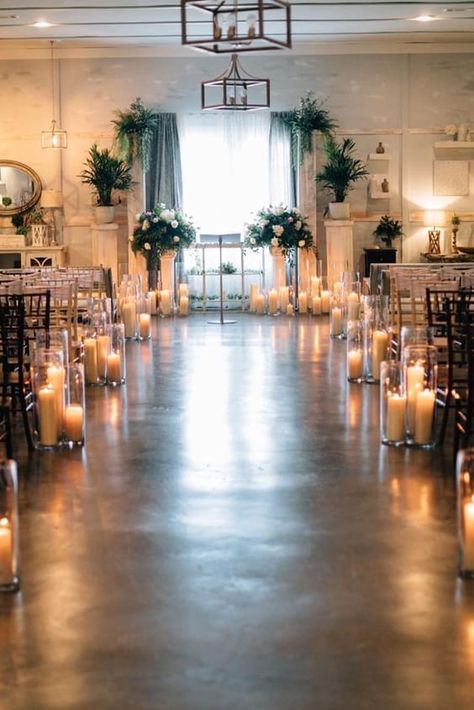 Large Candle Wedding Aisle, Candles At Ceremony, Unique Wedding Lighting Ideas, Ceremony Candles Wedding, Candles Down Isle, Light Wedding Aesthetic, Candles Alter Wedding, Lanterns And Candles Wedding, Wedding Altar With Candles