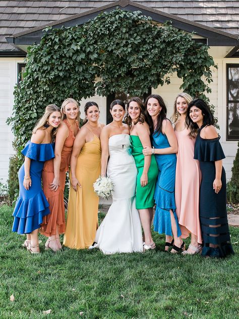 Bride And Friends, Rainbow Bridesmaid Dresses, Rainbow Bridesmaids, Alternative Bridesmaid, Wedding In Colorado, Martha Weddings, Summer Wedding Decorations, White Bridal Dresses, Unique Bridesmaid