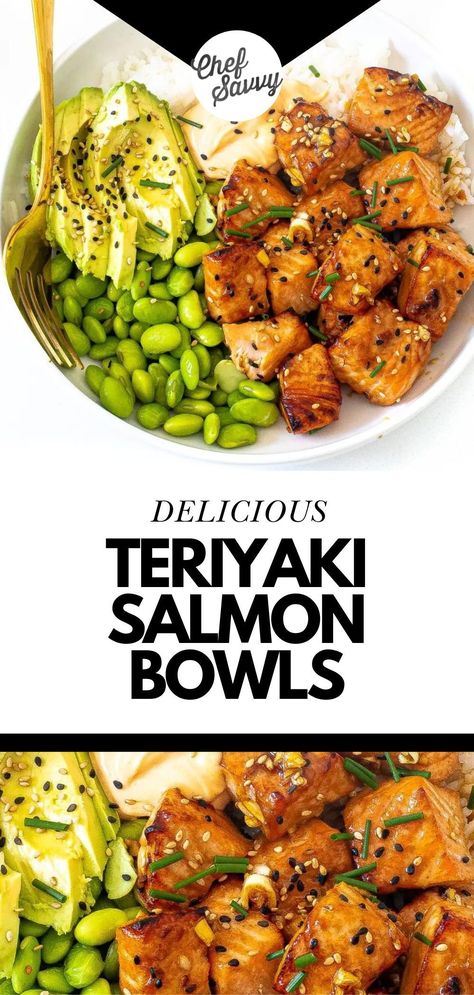 Save this Easy Healthy Teriyaki Salmon Bowls Recipe. Teriyaki Salmon Bowls combine savory sweet salmon bites with fluffy rice and vibrant vegetables to create a well-balanced and wholesome meal! Served with a delicious spicy mayo sauce! Have these delicious bowls ready in under 30 minutes for an easy weeknight meal! Follow Chef Savvy for more Under 30 Minute Easy Meals! Simple Salmon Bowl, 30 Minute Salmon Bowl, Easy Salmon And Rice Recipes, Salmon Bite Bowl, Macro Friendly Salmon Recipes, Teriyaki Salmon Bowl Recipe, Cooked Salmon Bowl, Salmon Bowl Meal Prep, Salmon With Quinoa Recipe