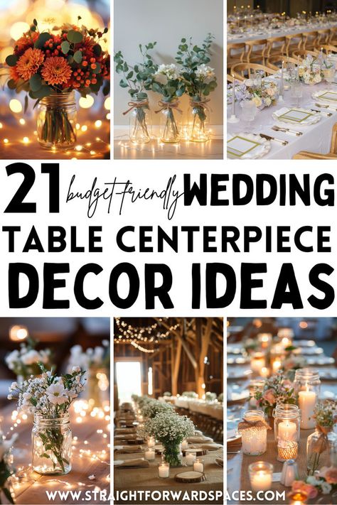 Budget-friendly centerpiece ideas for wedding tables with a rustic and charming design. High Top Table Centerpieces Wedding, How To Set Up Rectangle Tables For A Party, Budget Wedding Table Decorations, Wedding Table Centerpieces Summer, Modern Rustic Wedding Decor Receptions, Rustic Wedding Centerpieces Mason Jars Fairy Lights, Classy Farmhouse Wedding, Decorating For Wedding Reception, Natural Centerpieces Wedding