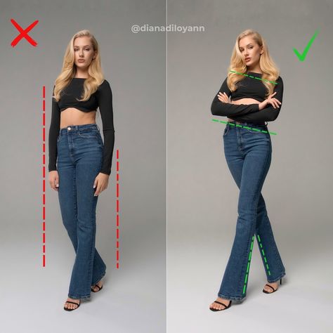 Comment “POSE” to get content creation guide for free!👇🏻 Striking the perfect pose can make all the difference in how confident and powerful you look in photos. The left side shows how a rigid, straight stance can make you look less dynamic, while the right side demonstrates how a simple adjustment can create a more elegant and flattering silhouette🥰 Share with a friend and follow @dianadiloyann for more useful tips ❤️ #howtopose #poseideas #photography #photoidea Pose Reference Photo Elegant, Confident Walk Pose, Power Stance Pose Reference, Pose Confident, High Angle Pose, Phone Photography Ideas, Confident Poses, Be More Photogenic, How To Look Good In Pictures