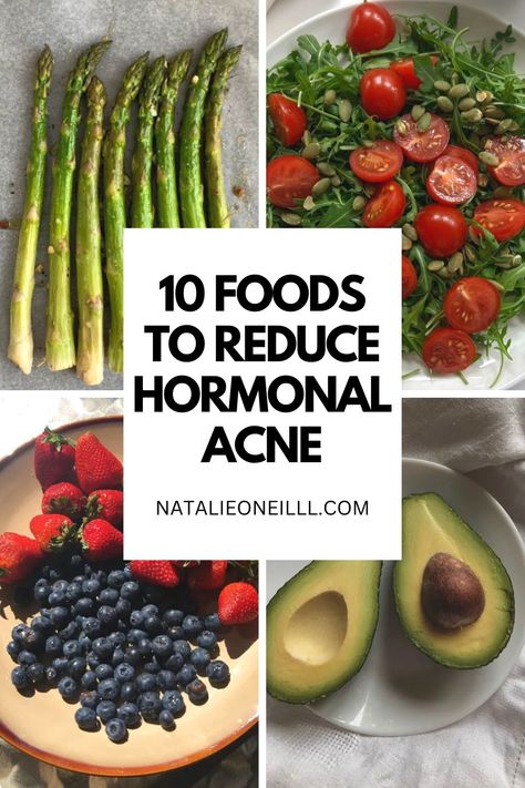 10 foods to reduce hormonal acne. A photo of healthy foods and a link to a blog post on what foods to eat for hormonal acne to balance hormones. Meals For Hormonal Acne, Hormonal Acne Recipes, How To Balance Hormones For Acne, Recipes For Hormonal Acne, Hormone Diet Recipes, Acne Trigger Foods, Acne Food Diet, Foods That Trigger Acne, Foods For Hormonal Acne