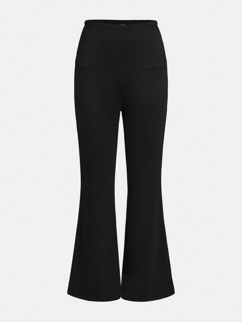 Teenage Girls Flared Waistband Double Layer Leggings, Black Versatile Casual Sports Pants Black    Fabric   Medium Stretch  Teen Girls Clothing, size features are:Bust: ,Length: ,Sleeve Length: Cute Clothes For Teenagers, Cute Black Pants, Black Flare Leggings, Black Flared Leggings, Black Flare Pants, Girl Sweatpants, Drop Shoulder Cardigan, Flare Legging, Flared Leggings