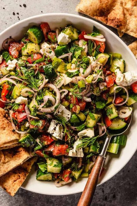 Simple Turkish Shepherd's Salad with Herbs — Zestful Kitchen Shepherd Salad, Dill Ranch Dressing, Salad With Herbs, Turkish Salad, Stuffed Anaheim Peppers, Spicy Salad, Vegan Salads, Grilled Chicken Thighs, Food Scientist