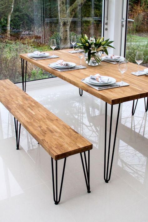 Dining room table with benches. SkiSki hairpin legs on both the benches and table. Beautiful oak with black 3 prong legs. Hairpin Table, Pin Legs, Steel Bench, Metal Table Legs, Table Metal, Global Office Furniture, Dining Table With Bench, Raw Steel, Hairpin Legs