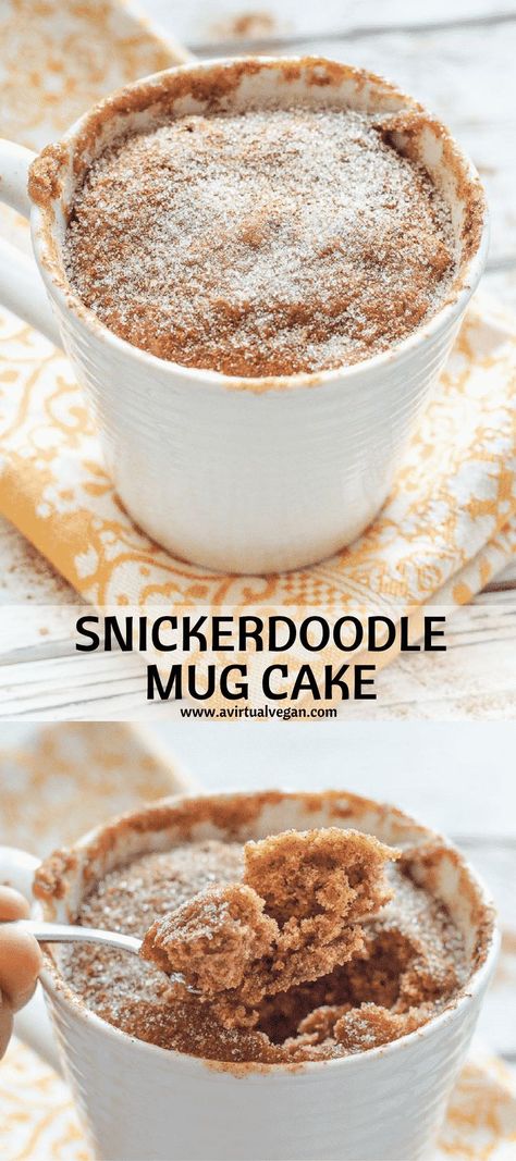 Have dessert ready in minutes with my super quick & easy Snickerdoodle Mug Cake. It's soft, fluffy & cinnamon-y & perfect for when you want something sweet without making a full-blown dessert!  #mugcake #cinnamon #snickerdoodle #vegan via @avirtualvegan Delishes Food, Snickerdoodle Mug Cake, Cake In A Mug Recipe, Snickerdoodle Recipes, Snickerdoodle Cake, Healthier Baking, Spring Dessert, Small Portions, Cajun Cooking