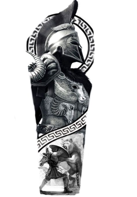 Roman Tatoos Ideas, Spartan Warrior Tattoo Sleeve, Gladiator Tattoo Sleeve, Spartan Sleeve Tattoo, Spartan Warrior Tattoo Design, Roman Art Tattoo, Roman Mythology Tattoo, Greek Mythology Tattoos Sleeve Ideas, Gladiator Tattoo Design