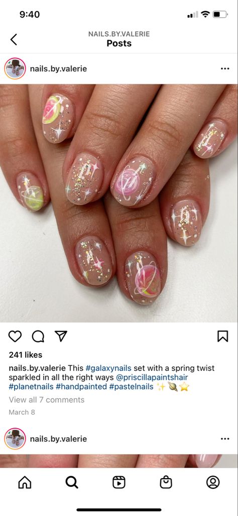 Planet Inspired Nails, Planet Nails Design, Planets Nails, Space Themed Nails, Saturn Nails, Ufo Nails, Planet Nail Art, Ethereal Nails, Alien Nails