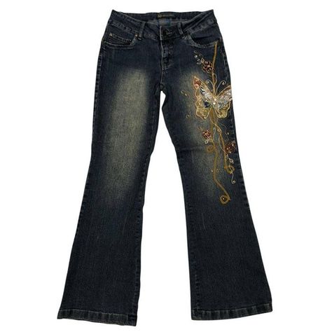 Low Rise Baggy Jeans Outfit Y2k, Y2k Jeans Png, Low Rise Jeans Png, Aesthetic Wide Leg Jeans, Floral Jeans Outfit, Y2k Embroidery, Jeans Front And Back, Butterfly Jeans, Baggy Denim Jeans