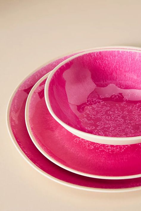 New Spring Home and Furniture Décor | AnthroLiving Pink Plates And Cups, Bright Pink Dinnerware, Kitchen Plates Set Colorful, Ikea Färgklar Pink, Pink Plates Dishes, Mismatched Plates Dinnerware, Plates And Bowls Set Colorful, Kitchen Plates And Glasses, Hot Pink Ceramic