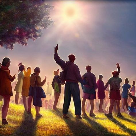 A large group of people waving People Looking Up At The Sky, Large Group Photos, Large Group Of People, Surreal Landscape, Scenery Art, Landscape Inspiration, Group Art, Look At The Sky, Small Village