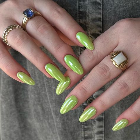 Fully obsessed with my current nails - a lime green chrome!💚 #nails #nailart #naildesigns #nailsofinstagram #nailsnailsnails #nailsmagazine #nailsonfleek #nailstyle #nailtrends #gelxnails #gelx #nailartist #nailinspo #springnails #chromenails #summernails #summernailinspo #summernailtrends Lime Nails Ideas, Lime Chrome Nails, Brat Green Nails, Neon Green Chrome Nails, Lime Green Almond Nails, Green Chrome Almond Nails, Lime Green Chrome Nails, Lime Nails Design, Medieval Nails