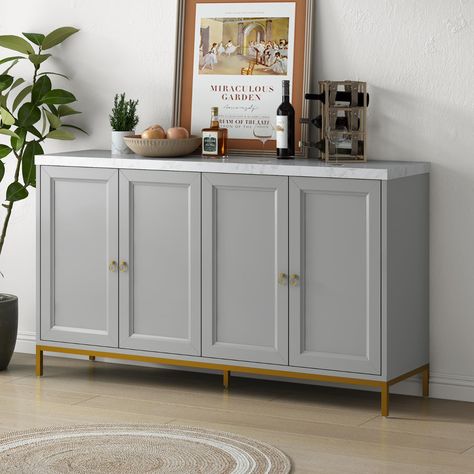 PRICES MAY VARY. Versatile: This buffet sideboard can be used as a dining room credenza, a living room TV stand, an office bookcase or even an entryway table with storage. Dimensions: 59.3"(L) x 15.5"(W) x 34.2"(H). Adjustable Shelves & Wire Holes: The shelves can be adjusted to three different heights to accommodate different sizes of items. You can also remove the shelves to maximize space. The ingenious design of the wire holes in the back panels ensures effortless organization of electronic Kitchen Sideboard, Dangerous Goods, Living Room And Dining Room, Modern Sideboard, Buffet Cabinet, Sideboard Storage, Sideboard Cabinet, Sideboard Buffet, Faux Marble