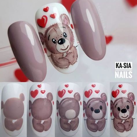 Bear Nails Designs, Gel Nails Valentines Day, Valentines Nail Set, Baby Nail Art, Nail Art Dessin, Beach Nails Art, Bear Nail Art, Bear Nails, Valentines Day Bears