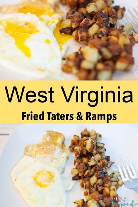 I was born and raised in West Virginia. We West Virginians are proud of our heritage. Stories and recipes like West Virginia Fried Taters & Ramps are passed down. Don't know what a ramp is? Well come pour yourself a glass of sweet tea and I'll share that and the recipe for ya. #WestVirginia #taters #Ramps #WestVirginiaRecipes #Appalachian #CoalMiners #Mountaineers #Marshall #castiron Fried Taters, Appalachian Recipes, Beans And Cornbread, Shenandoah River, State Foods, Instant Pot Pork, Country Roads Take Me Home, Food Stands, Blue Ridge Mountains