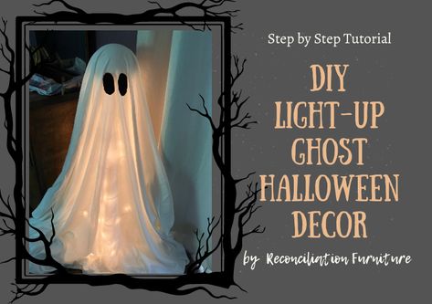 DIY LIGHT UP GHOST HALLOWEEN DECOR with a tomato cage, some lights and a white sheet! SO EASY AND ABSOLUTELY ADORABLE! Light Up Ghost Front Porch, Tomato Cage Light Up Ghost, Tomato Cage Ghost Halloween, Diy Ghosts With Tomato Cage, Ghost Made From Tomato Cages, Halloween Tomato Cage Crafts, Light Up Ghost Decoration Diy, Diy Light Up Ghosts, Tomato Cage Decorations